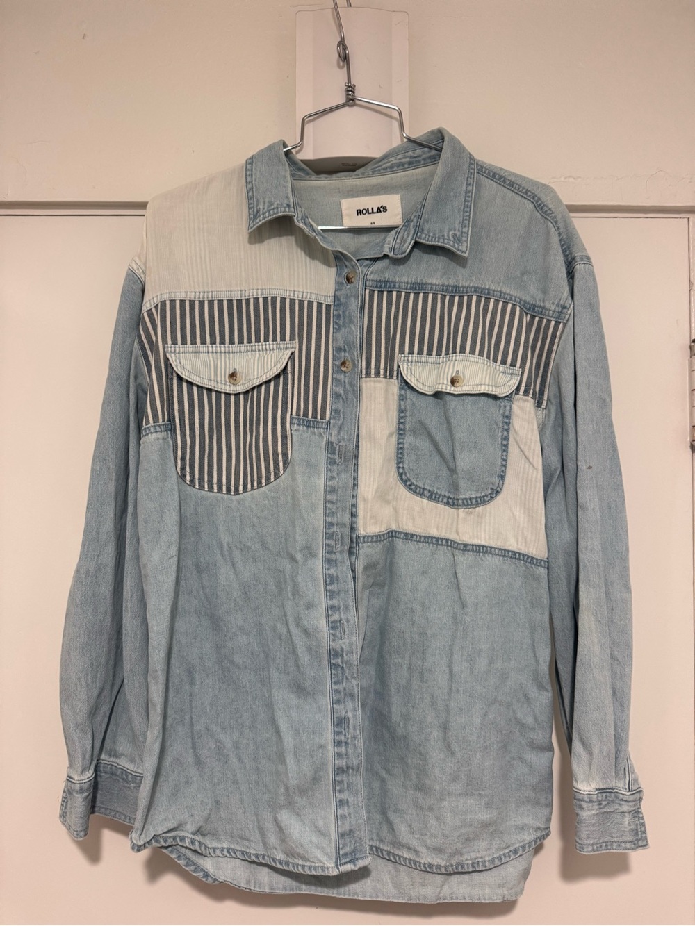 ROLLA'S Light Wash Patchwork Striped Denim Shirt